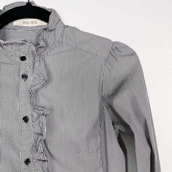 Reiss US 2 Black White Pinstripe Ruffle Mock Neck Long Sleeve Blouse Top Cotton - Picture 3 of 11